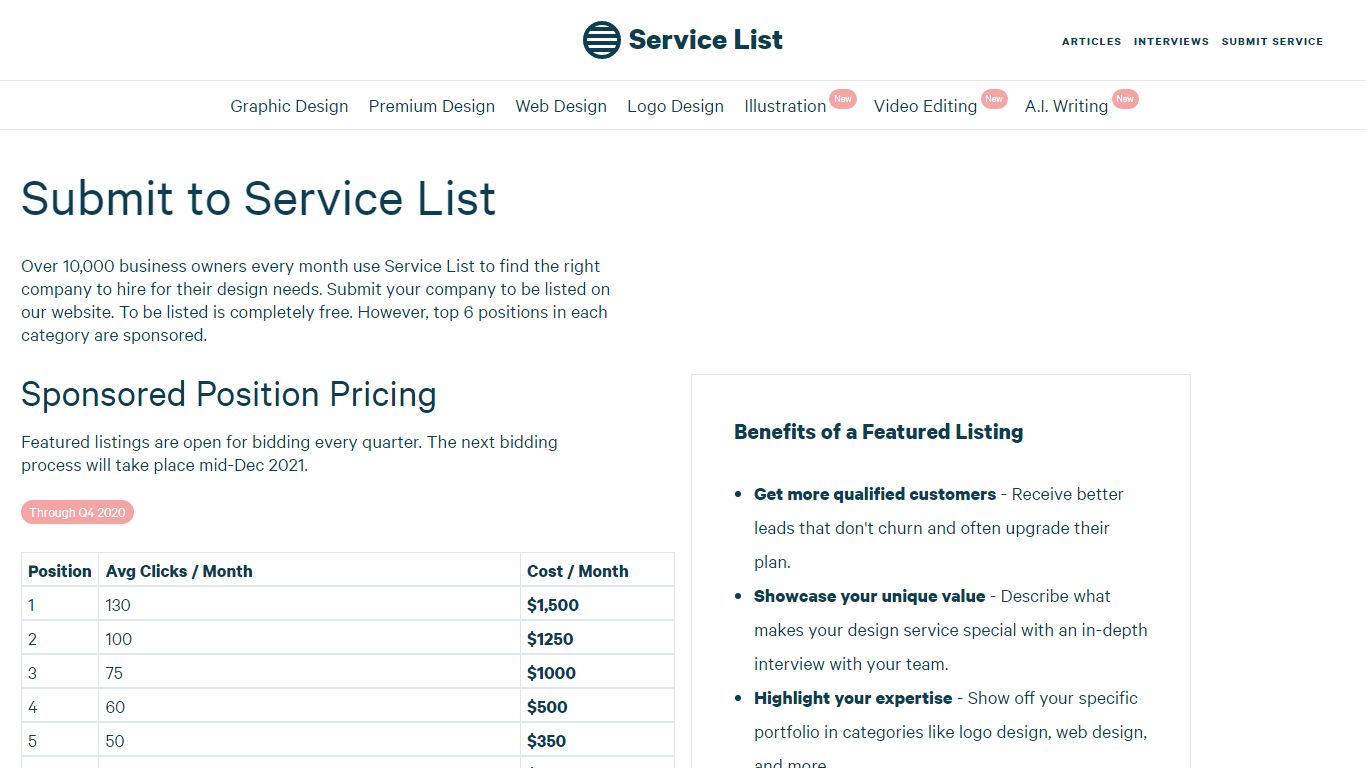 Submit Service - Service List